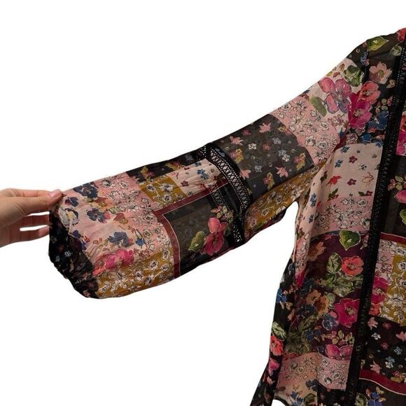 Johnny Was Jade Roswell Pieced Blouse Pink Black Lace Patchwork Floral Top S - Picture 7 of 9